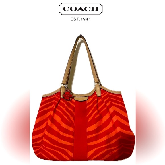 COACH Large Orange Signature Exotic Stripe Leather Shoulder Strap Tote Bag - Picture 1 of 16